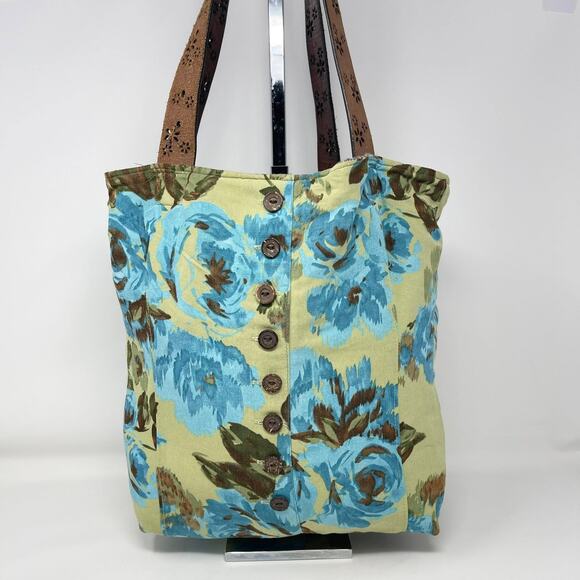 Y2K Handmade Reversible Tote Bag Brown Tweed Blue Flowers Buttons Leather Belt - Picture 11 of 14